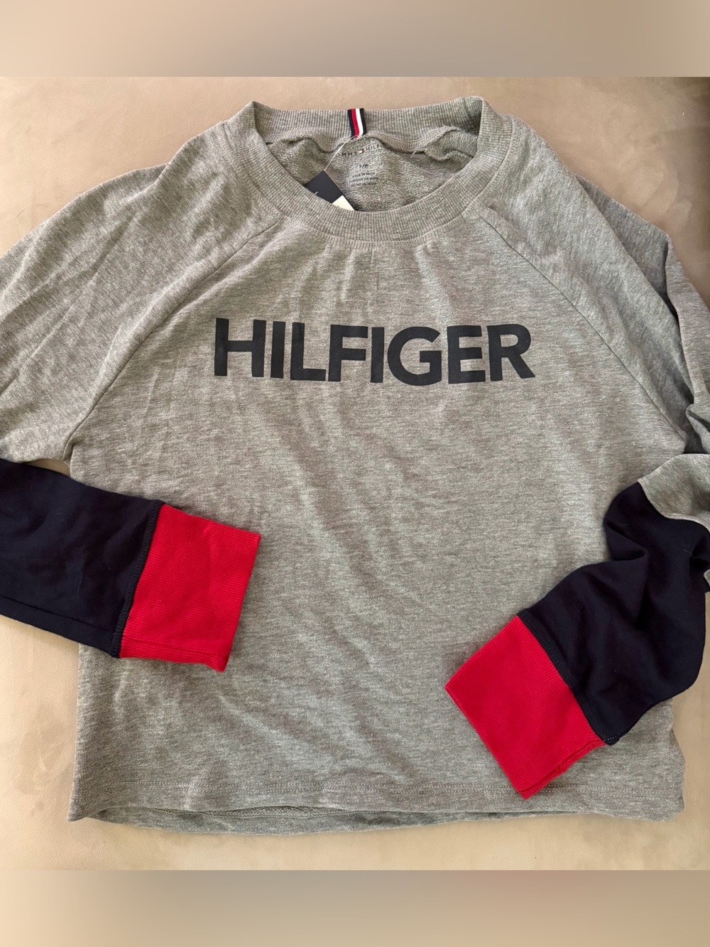 Tommy Hilfiger Heather Gray Pullover with Navy & Red Sleeve Panels